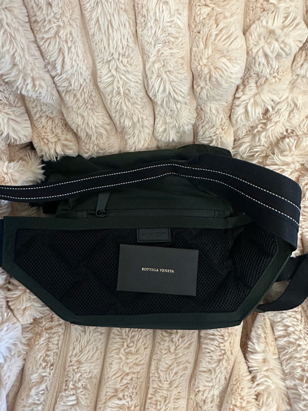 Bottega Veneta Dark Green Mesh Belt Bag with Black Strap